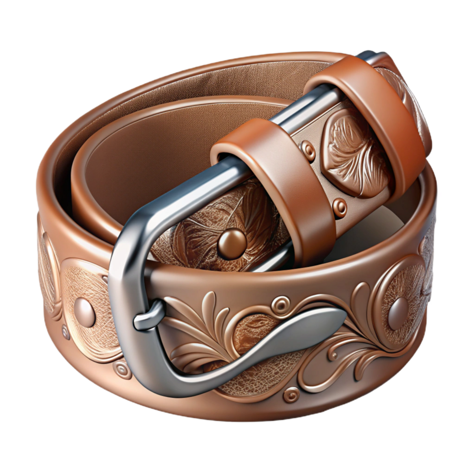 signature modern Leather belt with a silver buckle, intricate embossefloral design, worn texture, soft lighting, isolateon transparent background,high-resolution product photography studio quality png