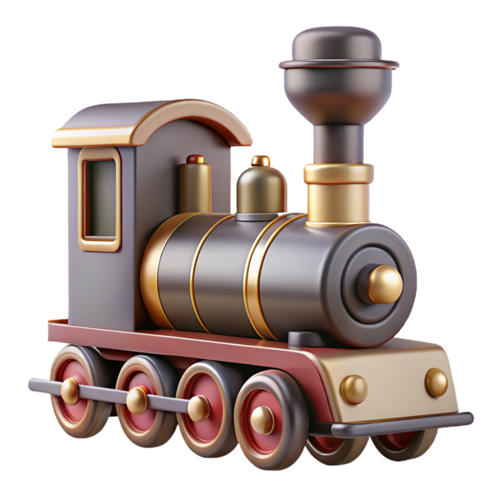 captivating acclaimeToy train locomotive, metallic finish, detailesmokestack anwheels, studio lighting, side view, isolateon transparent background,high-resolution product photography png
