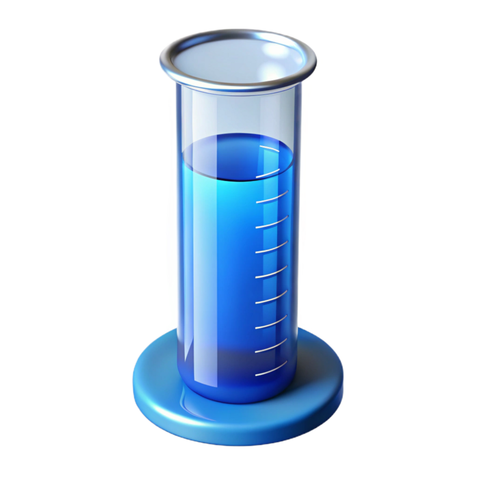 peaceful impressive Glass graduatecylinder with blue liquid, precise measurements, soft lighting, front view, detaileillustration, with transparent background,high-resolution product photography crisp png