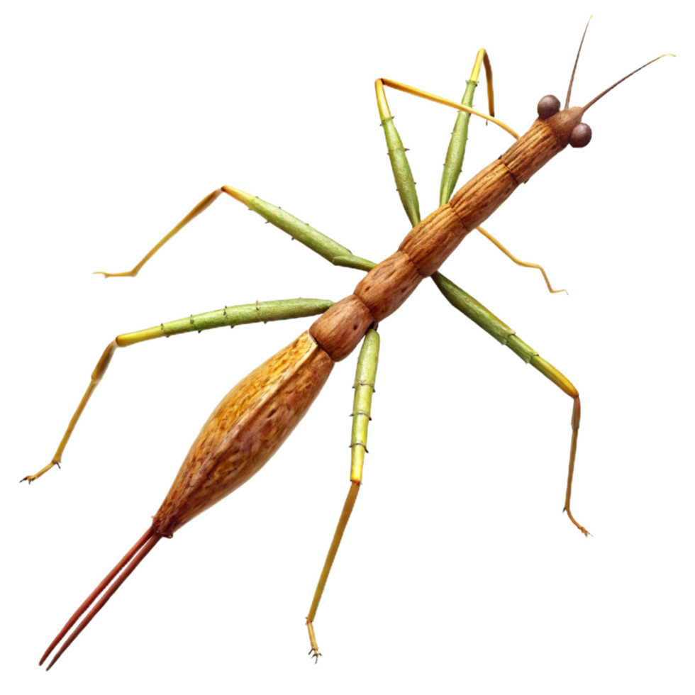 immaculate iconic Stick insect camouflageas a twig, texturebody, detailelegs, soft lighting, side view, isolateon transparent background,high-resolution product photography png