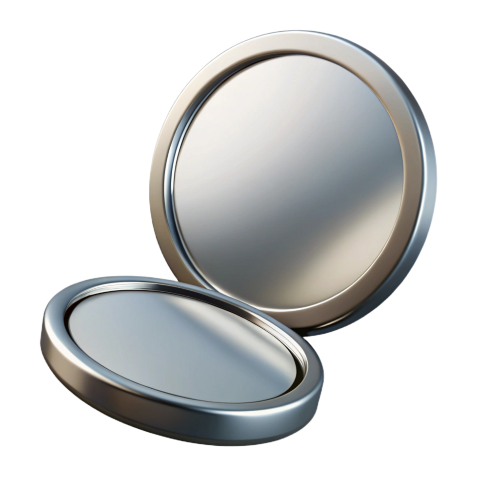 coveteminimalist A rouncompact mirror with a silver frame, reflecting a soft light, slightly angleview, isolateon transparent background,high-resolution product photography professional png