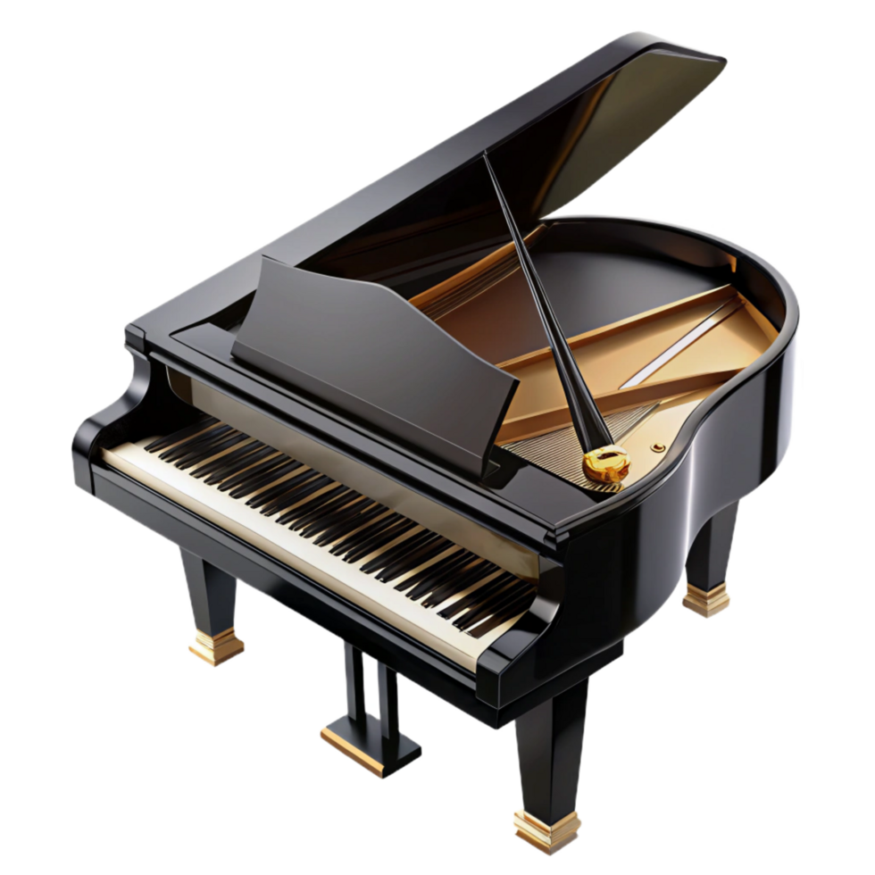 timeless minimalist Granpiano, highly polisheblack lacquer finish, liopen, keys visible, dramatic lighting, isolateon transparent background,high-resolution product photography detailed png