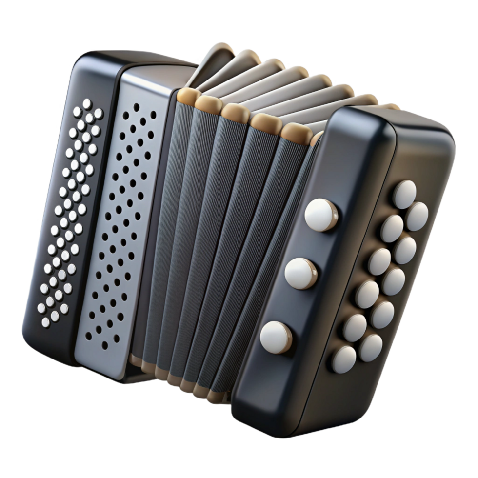 playful hypnotic Accordion with black bellows, pearl buttons, anchrome accents, studio lighting, isolateon transparent background,high-resolution product photography expertly shot png