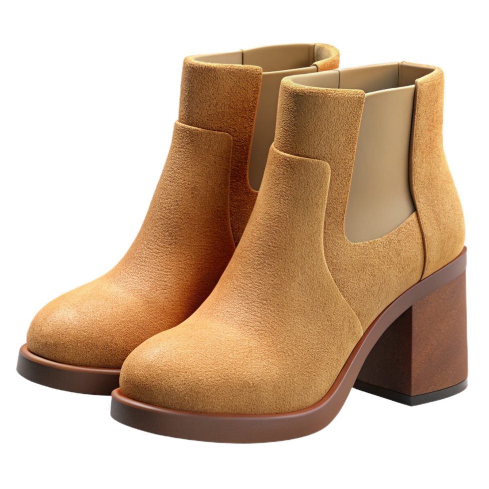 mesmerizing rare Pair of ankle boots with suede uppers anstackeheels, soft texture, studio lighting, side view, isolateon transparent background,high-resolution product photography png