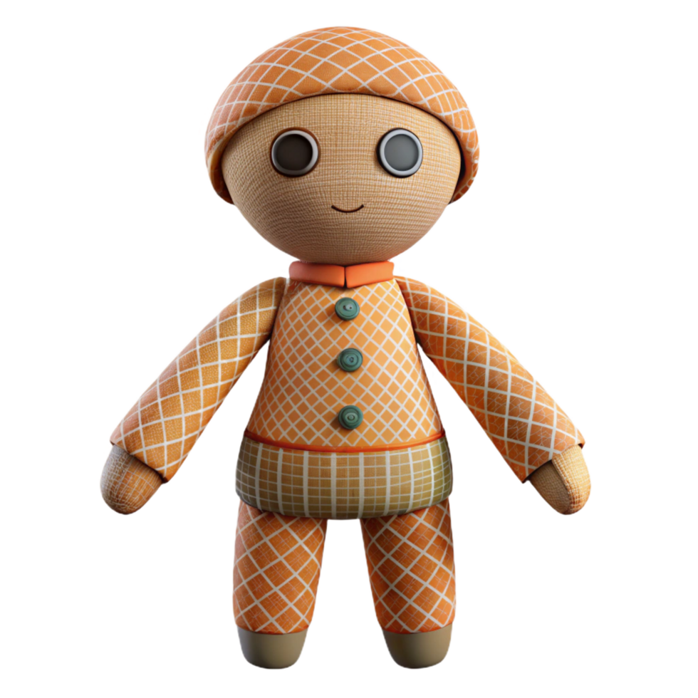 vibrant standout Rag doll, stitchefeatures, patternefabric, soft lighting, front view, isolateon transparent background,high-resolution product photography png