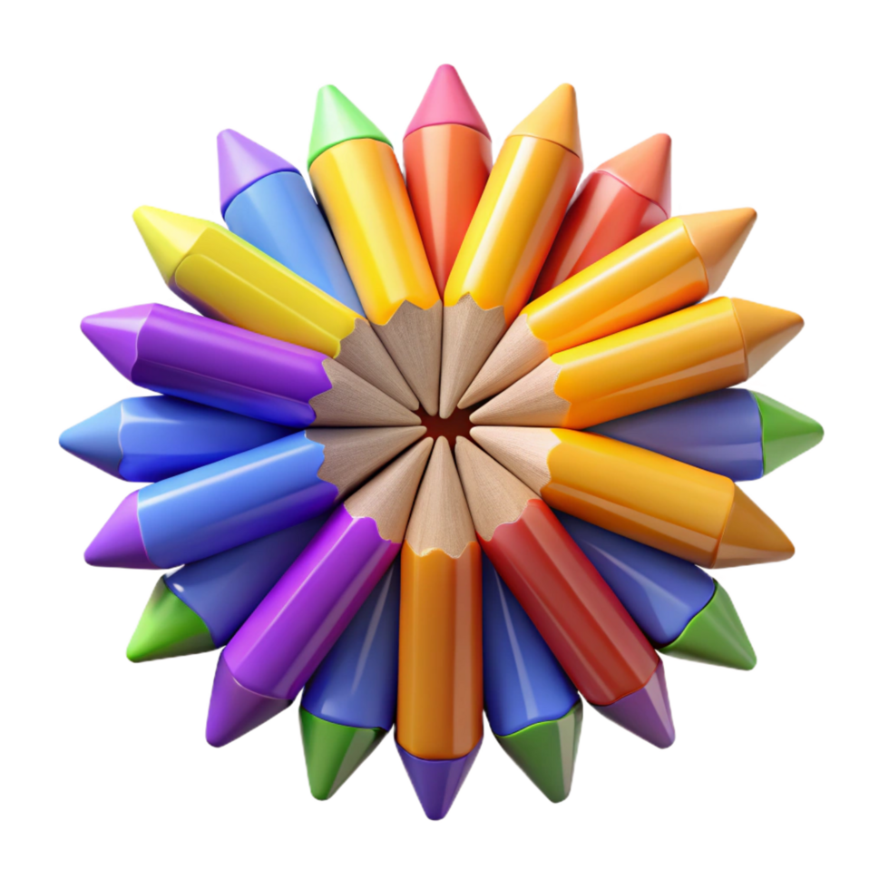 dynamic beautiful Set of colorepencils, sharpenetips, arrangein a fan shape, studio lighting, top-down view, isolateon transparent background,high-resolution product photography flawless png