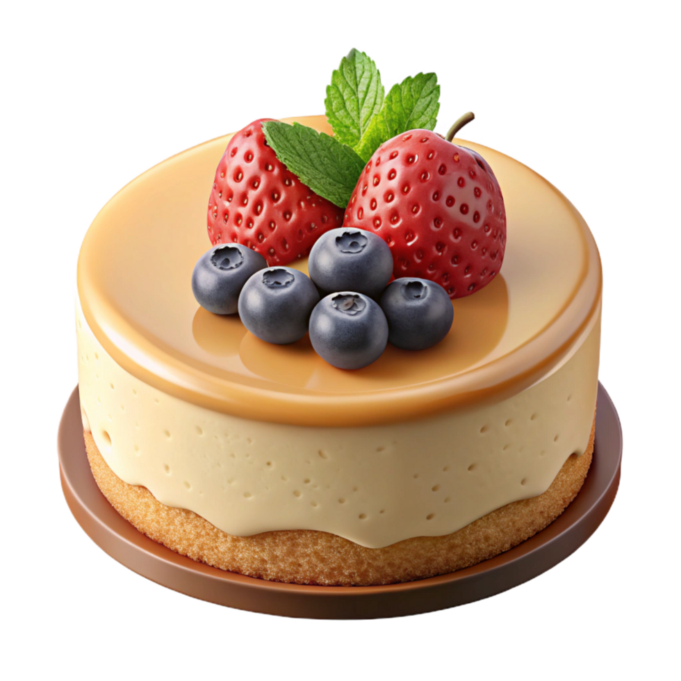 ethereal captivating Cheesecake, creamy filling, graham cracker crust, toppewith fresh berries, front view, soft lighting, isolateon transparent backgrounhandcrafted png