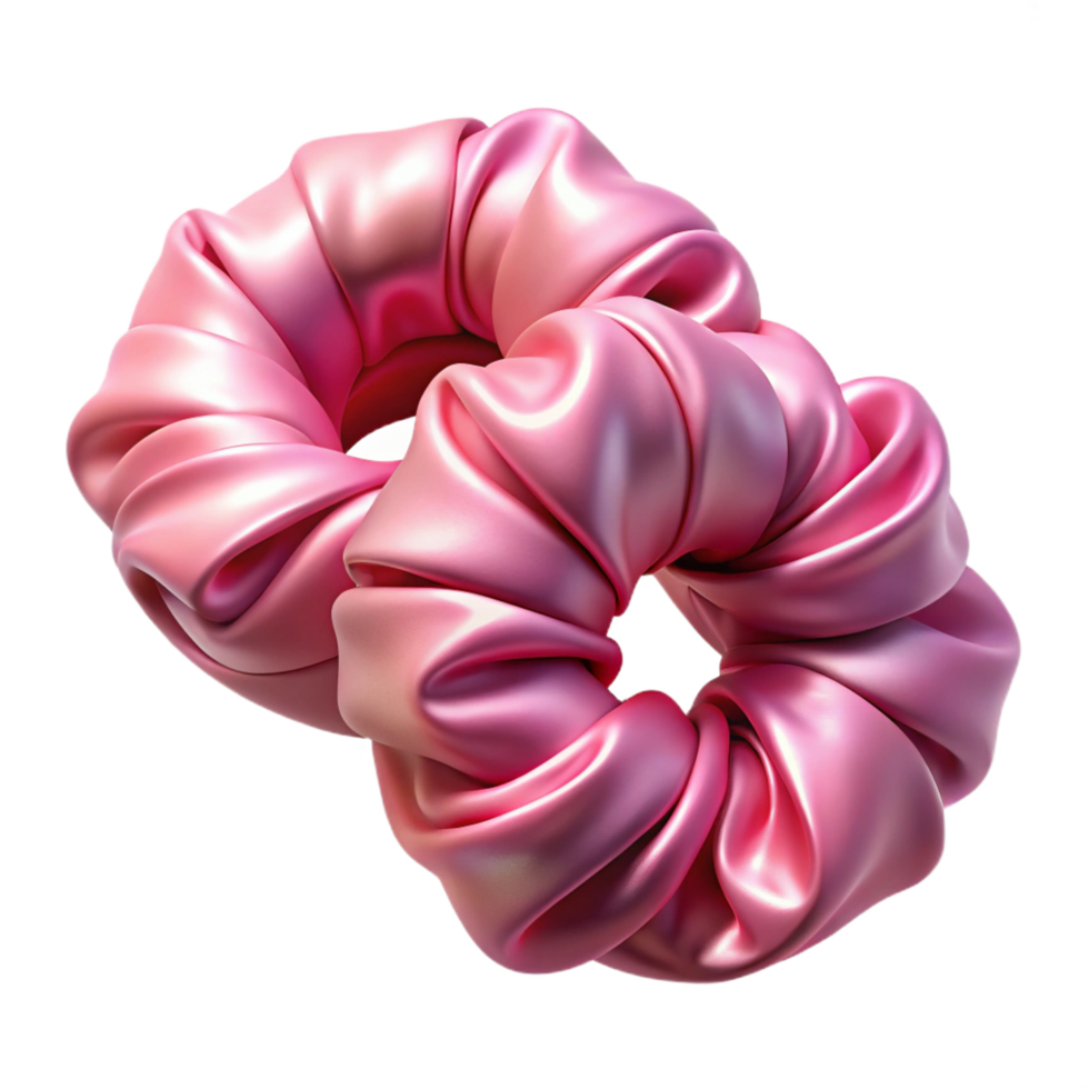 pristine rustic A pair of pink silk hair scrunchies, soft lighting, slightly bunched, smooth fabric, photorealistic, with transparent background,high-resolution product photography detailed png
