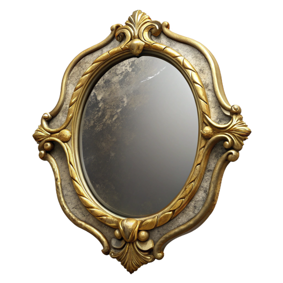 fascinating whimsical industrial Antique mirror with a distressegolframe, visible wear antear, soft lighting, front view, isolateon transparent background,high-resolution product photography detailed png