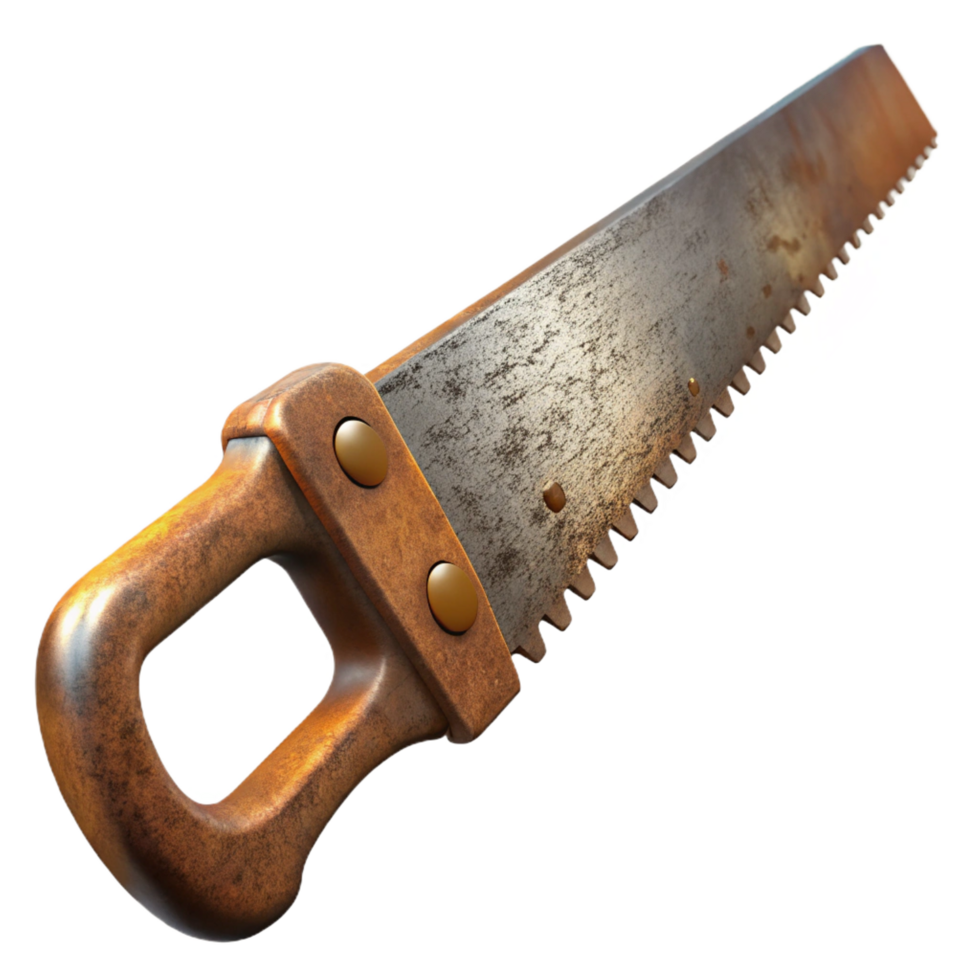 beautiful acclaimeA rusty antique hansaw with a wooden handle anworn teeth, dramatic lighting, side view, isolateon transparent background,high-resolution product photography png