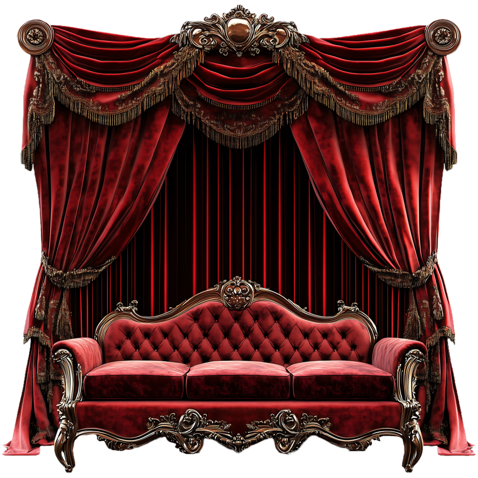 Royal Red Velvet Sofa with Draped Curtains Background png