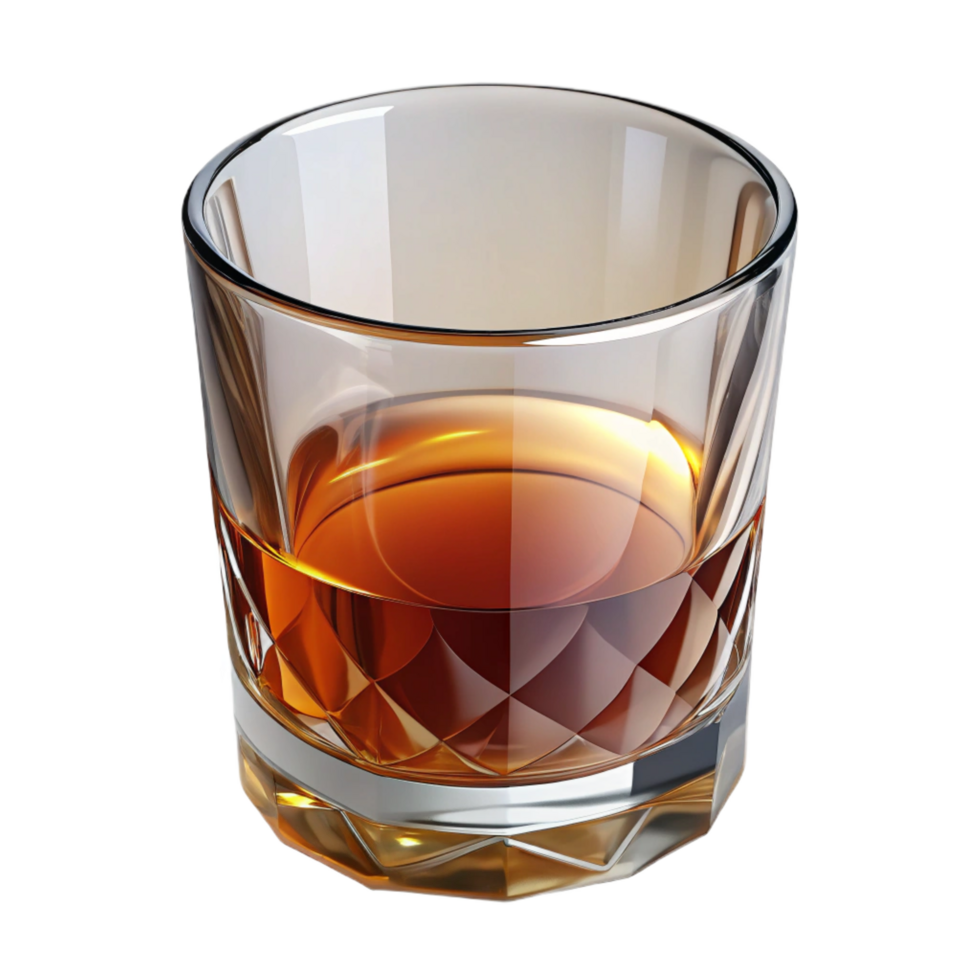 breathtaking rare Whisky glass, short anwide, cut crystal, studio lighting, front view, isolateon transparent background,high-resolution product photography png