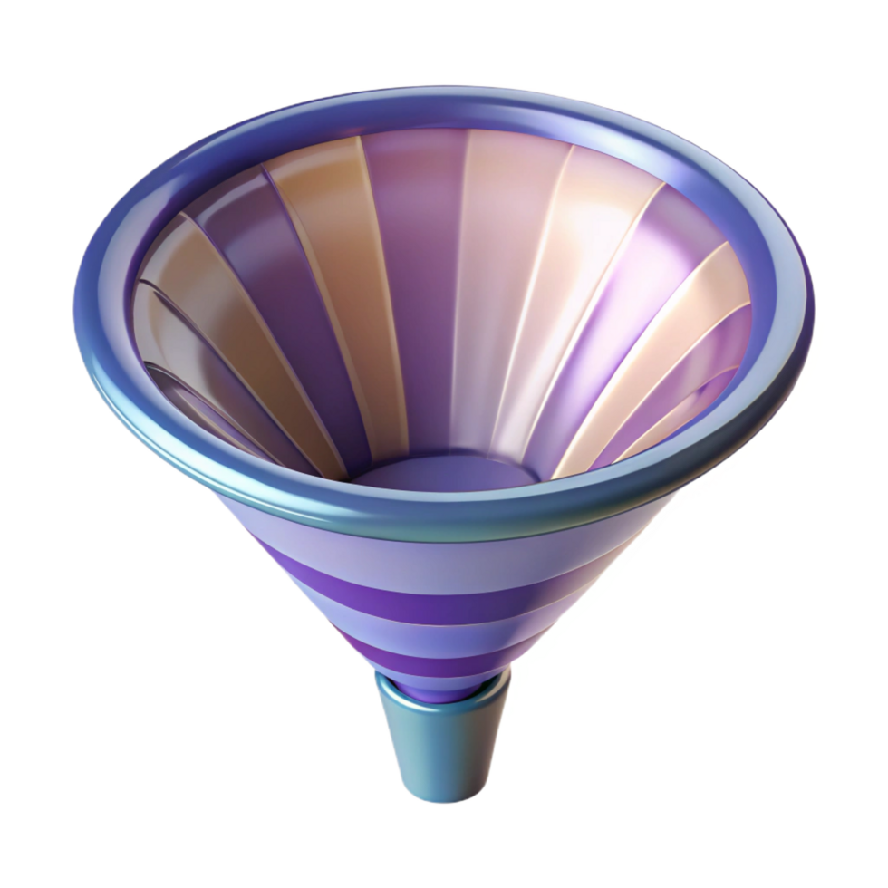 sumptuous industrial Glass funnel with ribbeinterior, studio lighting, top-down view, glossy finish, isolateon transparent background,high-resolution product photography exclusive png