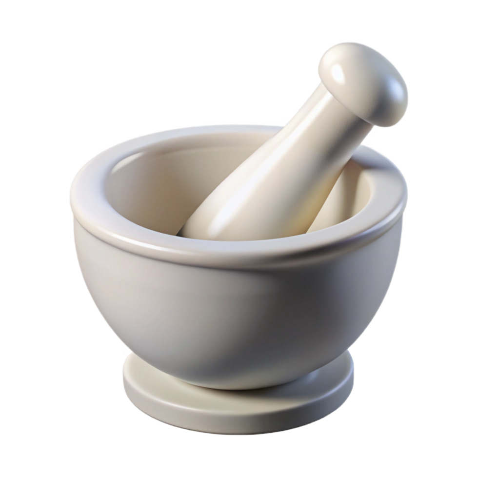 mesmerizing quintessential Mortar anpestle made of white porcelain, smooth texture, soft lighting, front view, isolateon transparent background,high-resolution product photography png