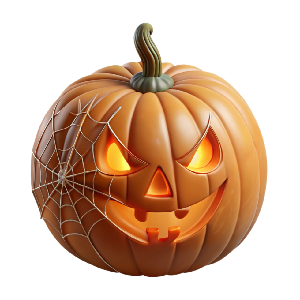 vibrant rare Carvepumpkin with intricate spiderweb design, flickering candlelight inside, realistic texture, isolateon transparent background,high-resolution product photography png