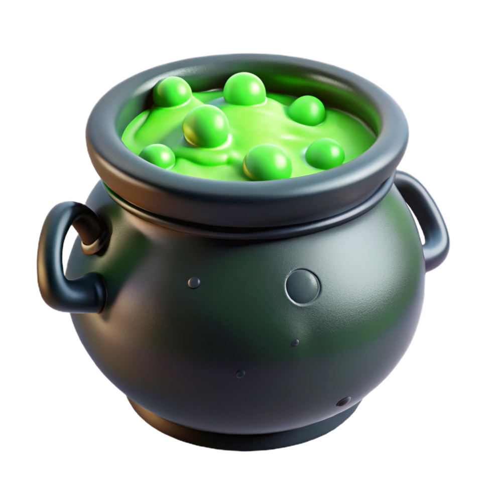 alluring traditional Plastic cauldron fillewith dry ice anbubbling green liquid, dramatic lighting, isolateon transparent background,high-resolution product photography detailed png