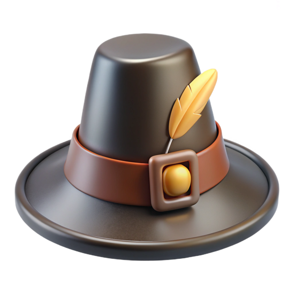 pristine remarkable Pilgrim hat with buckle anfeather, felt texture, front view, studio lighting, isolateon transparent background,high-resolution product photography png