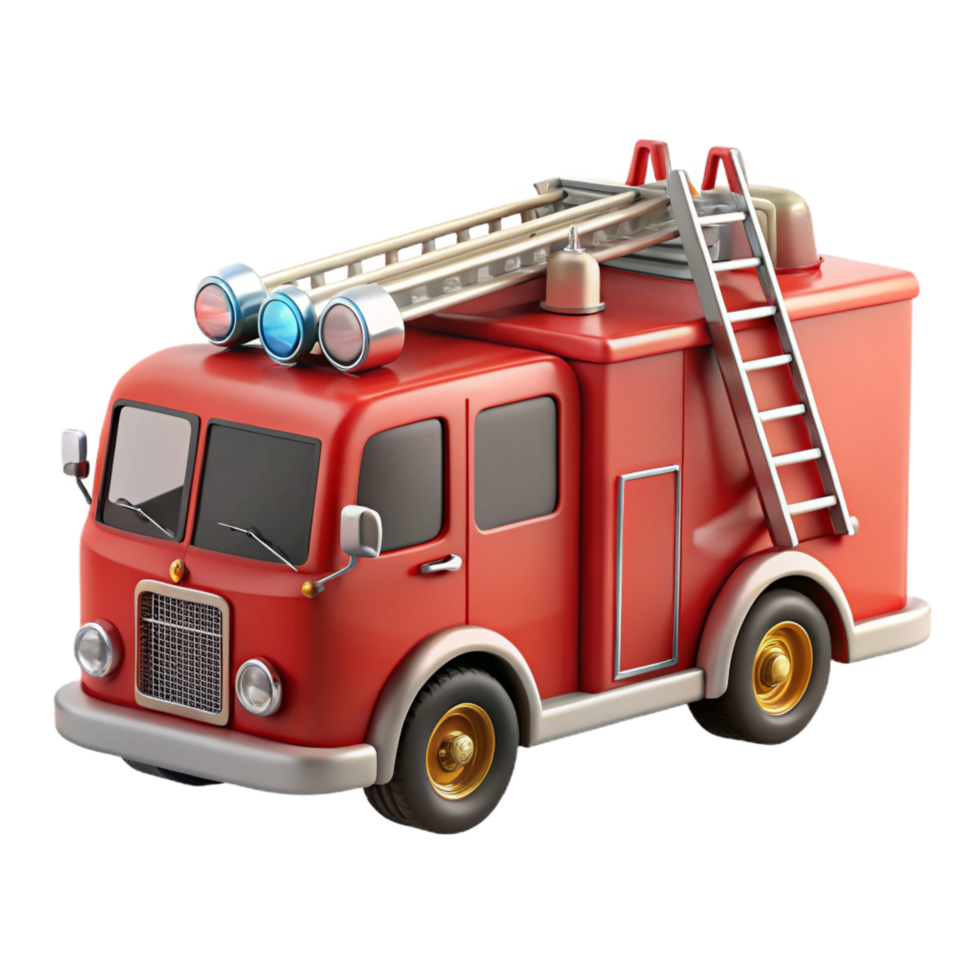 elegant bolavant-garde Refiretruck, extendeladder, flashing lights, detailehoses, soft lighting, side view, render, isolateon transparent background,high-resolution product photography precision png