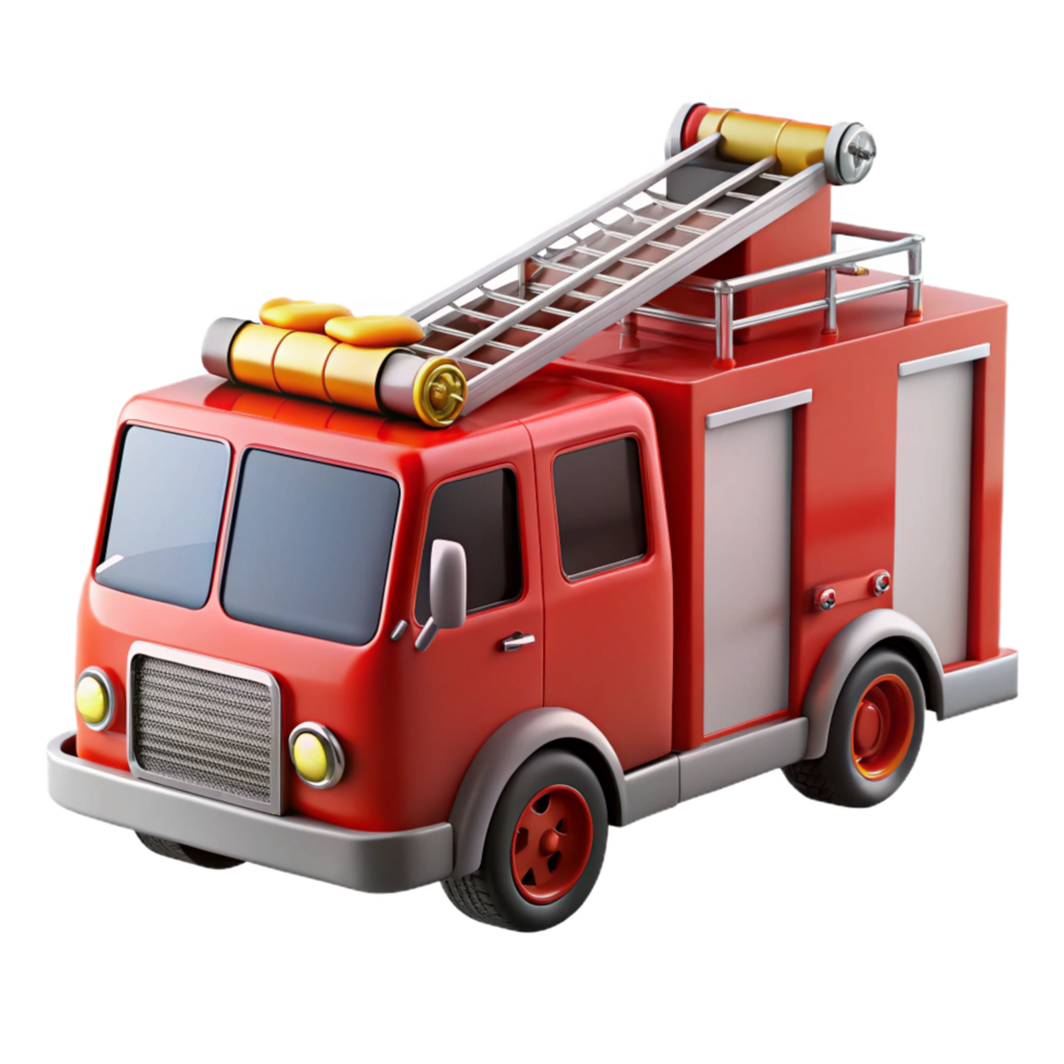 glorious inspireRefiretruck, extendeladder, flashing lights, detailehoses, soft lighting, side view, render, isolateon transparent background,high-resolution product photography png