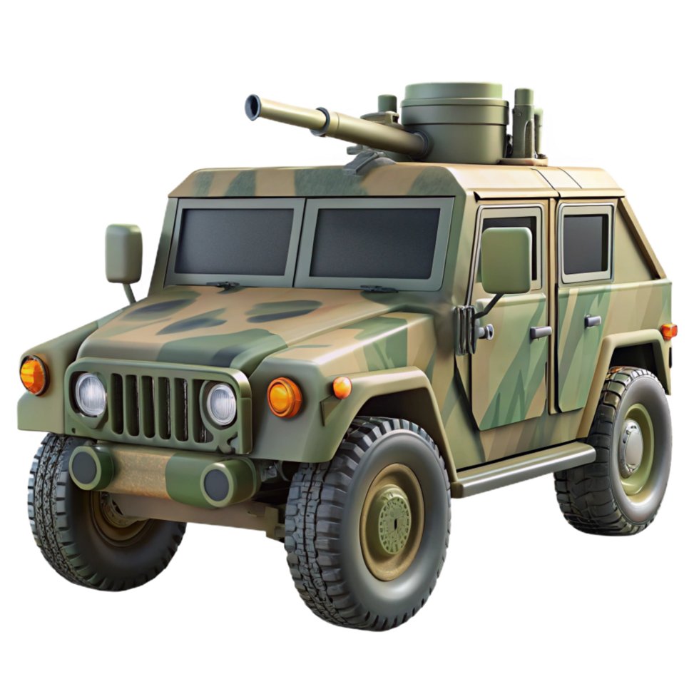 ethereal exquisite Military Humvee, camouflage paint, mountemachine gun, studio lighting, front view, render, isolateon transparent background,high-resolution product photography gallery standard png