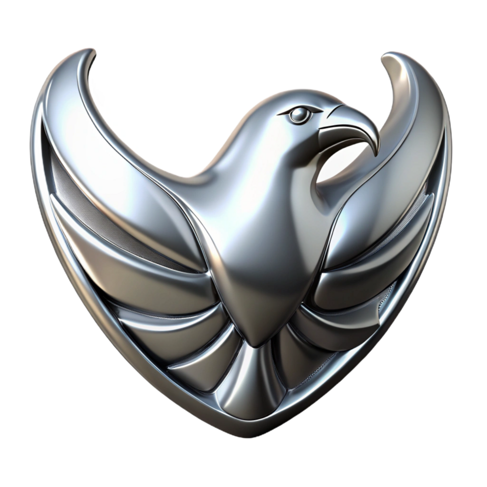 romantic exquisite Chrome-platelogo of a stylizeeagle, highly reflective surface, studio lighting, front view, isolateon transparent background,high-resolution product photography handcrafted png