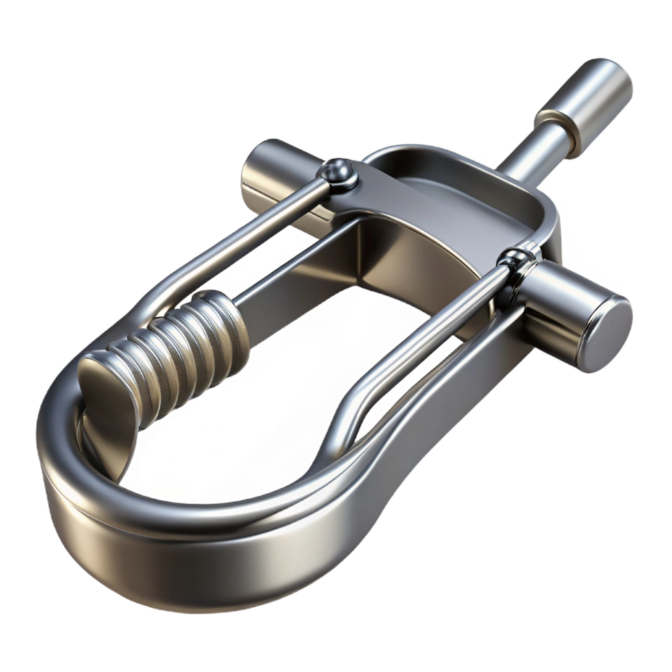 vibrant dynamic industrial Surgical retractor, stainless steel, toothejaws, dramatic lighting, top-down view, isolateon transparent background,high-resolution product photography premium png