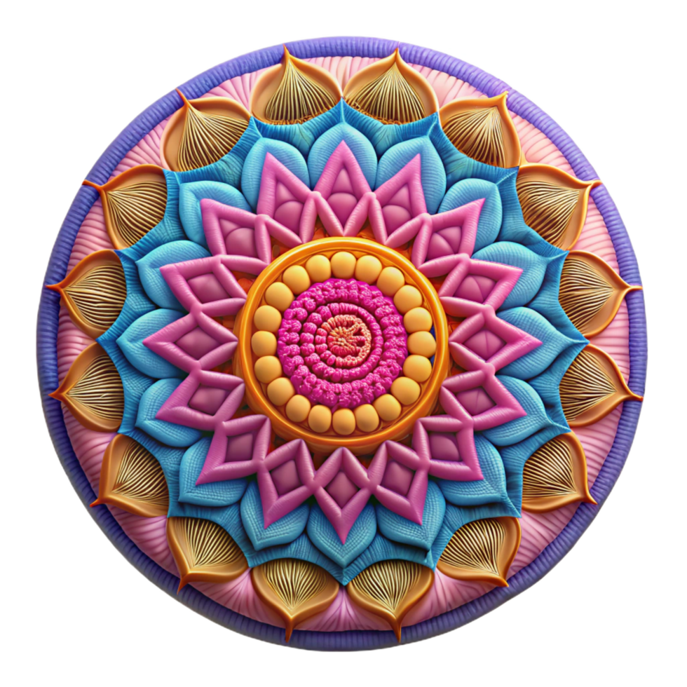 reflective pristine Rounwoven tapestry with a mandala pattern in vibrant colors, texturecotton, studio lighting, front view, with transparent background,high-resolution product photography impeccable png
