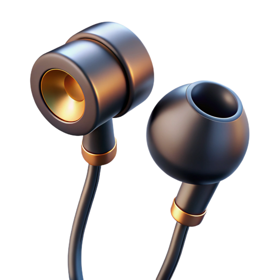 unparallelemid-century Single wireearphone, black plastic housing, metallic accents, in-ear design, studio lighting, with transparent background,high-resolution product photography handcrafted png