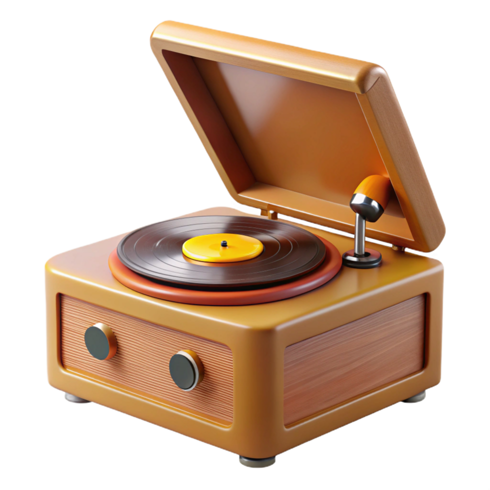 energetic extraordinary Vintage recorplayer with dust cover open, wooden base, turntable spinning, soft lighting, with transparent background,high-resolution product photography gallery standard png