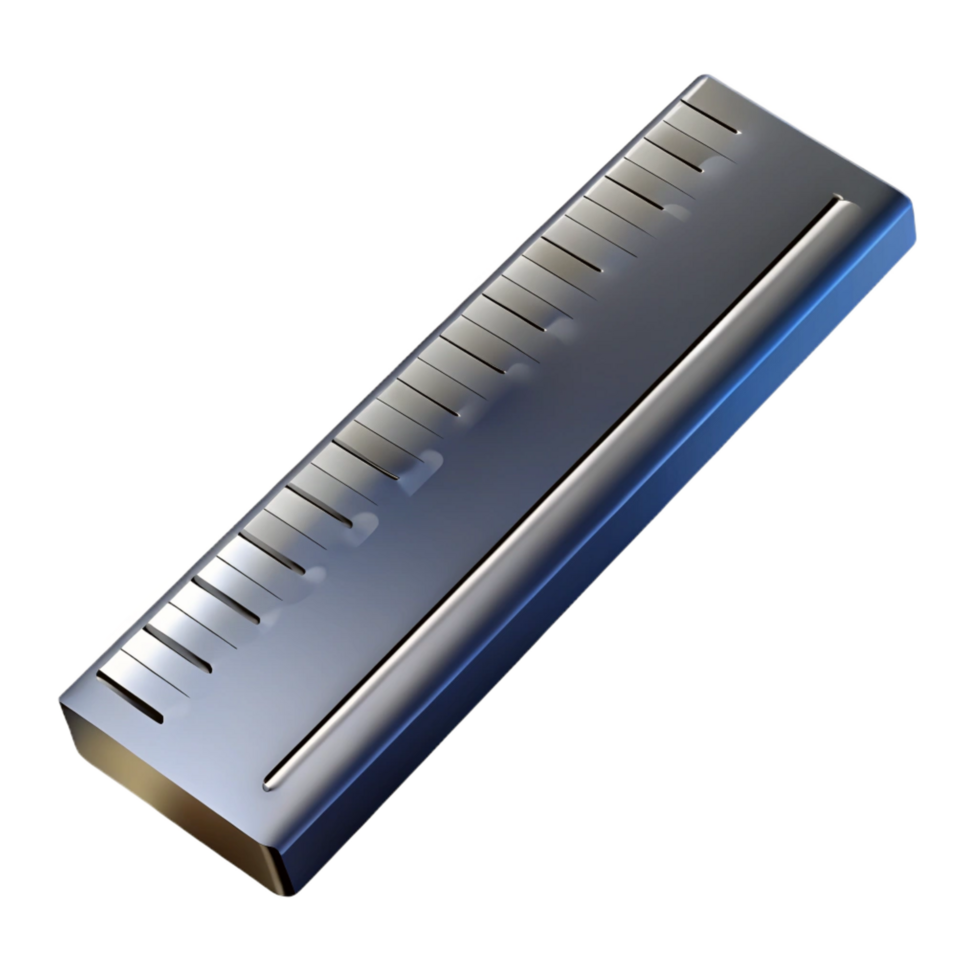 quintessential mid-century Ruler, stainless steel, metric animperial markings, etchedetail, side view, studio lighting, isolateon transparent background,high-resolution product photography luxury png