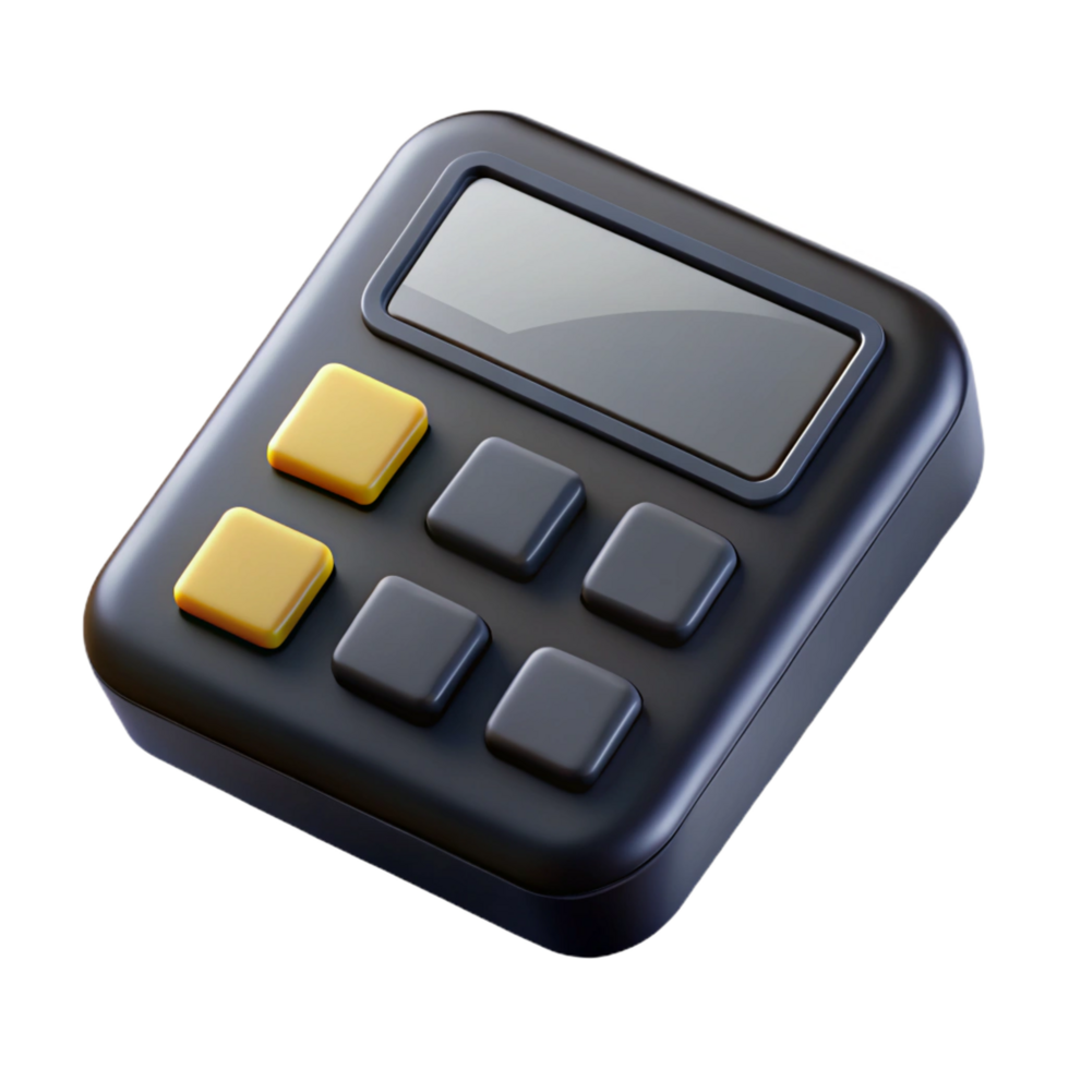 splendibolmid-century Calculator, black plastic, LCdisplay, solar powered, top-down view, soft lighting, isolateon transparent background,high-resolution product photography 4K png