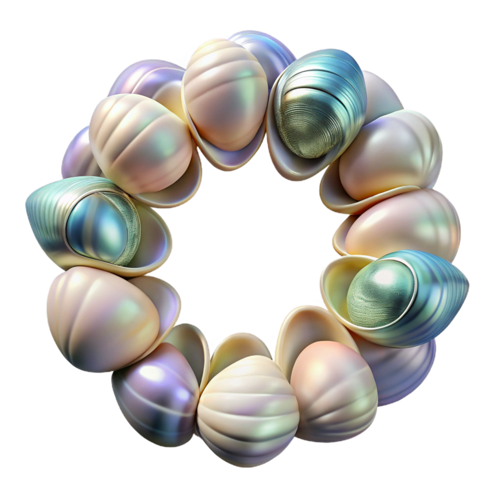 radiant remarkable Frame made of polisheseashells, natural iridescent colors, studio lighting, top-down view, render, with transparent background,high-resolution product photography png