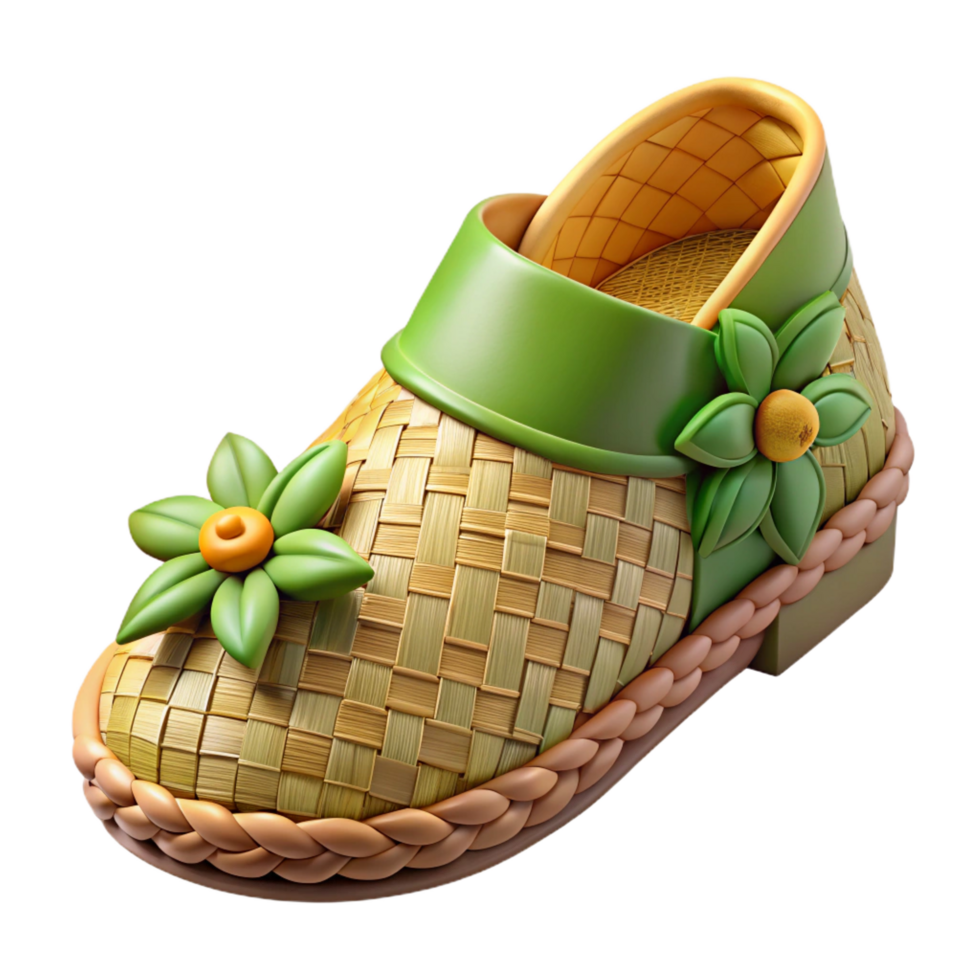 serene remarkable A single, handcraftepixie shoe, made of woven grass anflower petals, soft lighting, side view, isolateon transparent background,high-resolution product photography png