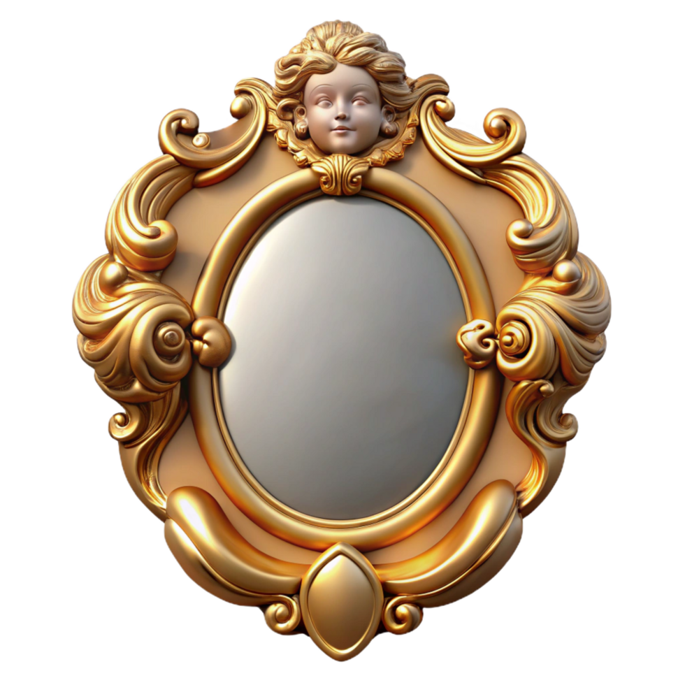 spectacular baroque Ornate wall mirror, gildeframe with cherub motifs, beveleglass, soft lighting, front view, icon style, isolateon transparent background,high-resolution product photography original png