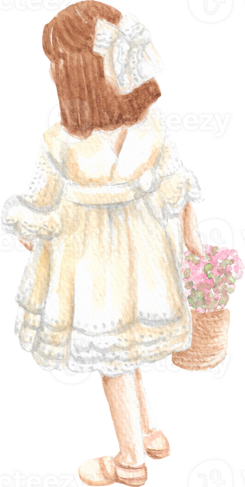 A flower girl with short hair and big ribbon holding a flower basket and wearing white nice dress that is drawn and painted by hand in watercolor fine art style png