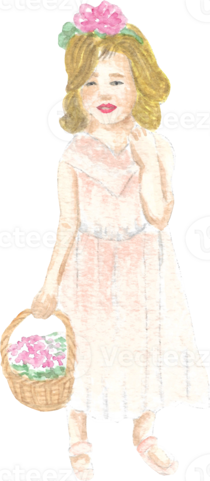 A flower girl with short brown hair and flowers wearing light pink dress holding a flower basket with cute smile on her face that is drawn and painted by hand in watercolor fine art style png