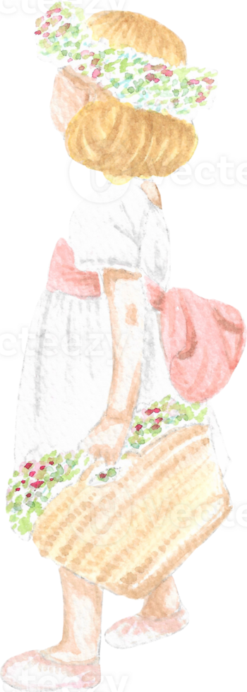 A flower girl with short hair and a flower crown holding a flower basket and wearing white nice dress with big pink ribbon on her back that is drawn and painted by hand in watercolor fine art style png