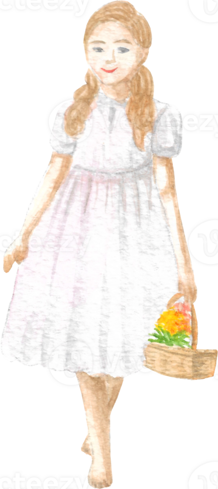 A flower girl with long brown long hair and flowers holding a flower basket with cute smile on her face and wearing white nice dress that is drawn and painted by hand in watercolor fine art style png