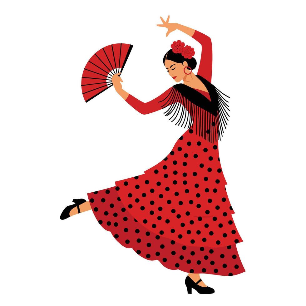 Elegant dancer in vibrant red dress performing a twirl in flat aimotion art vector