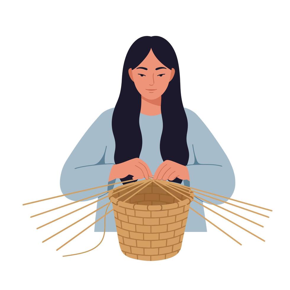 Woman creating handmade basket using weaving techniques in flat aimotion illustration vector