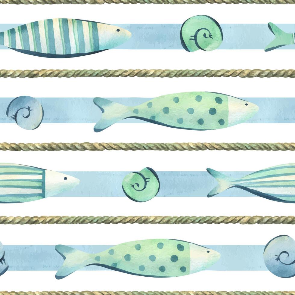 Cute decorative fishes of blue and turquoise colors swim with shells stripes and rope. Watercolor illustration hand-drawn on the theme of sea and fishing. Seamless pattern on a white background. vector