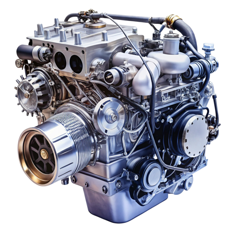 Front perspective of a complex automotive engine system showcasing various mechanical elements against a plain background png