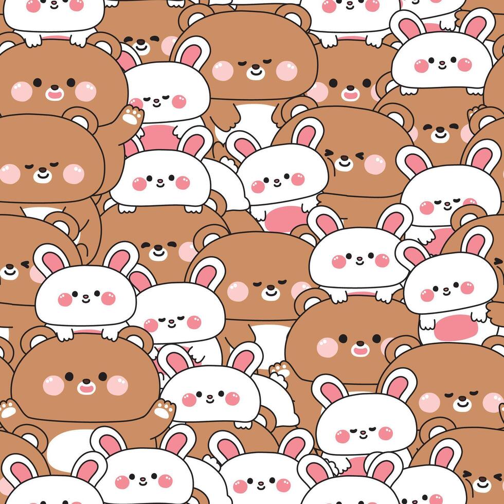 Repeat seamless pattern of cute big teddy bear and tiny bunny rabbit stay together in various poses background.Friendship.Love.Wild and rodent animal character cartoon.Kawaii.Illustration vector