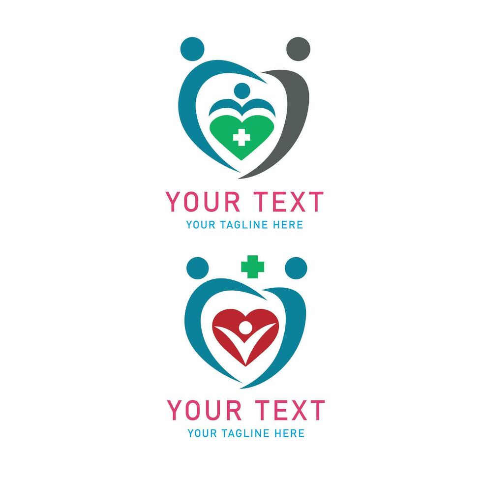 Medical Family Heart Graphic Set, Abstract People Care Symbol with Plus Sign for Health Community Support Love Wellness Clinic vector