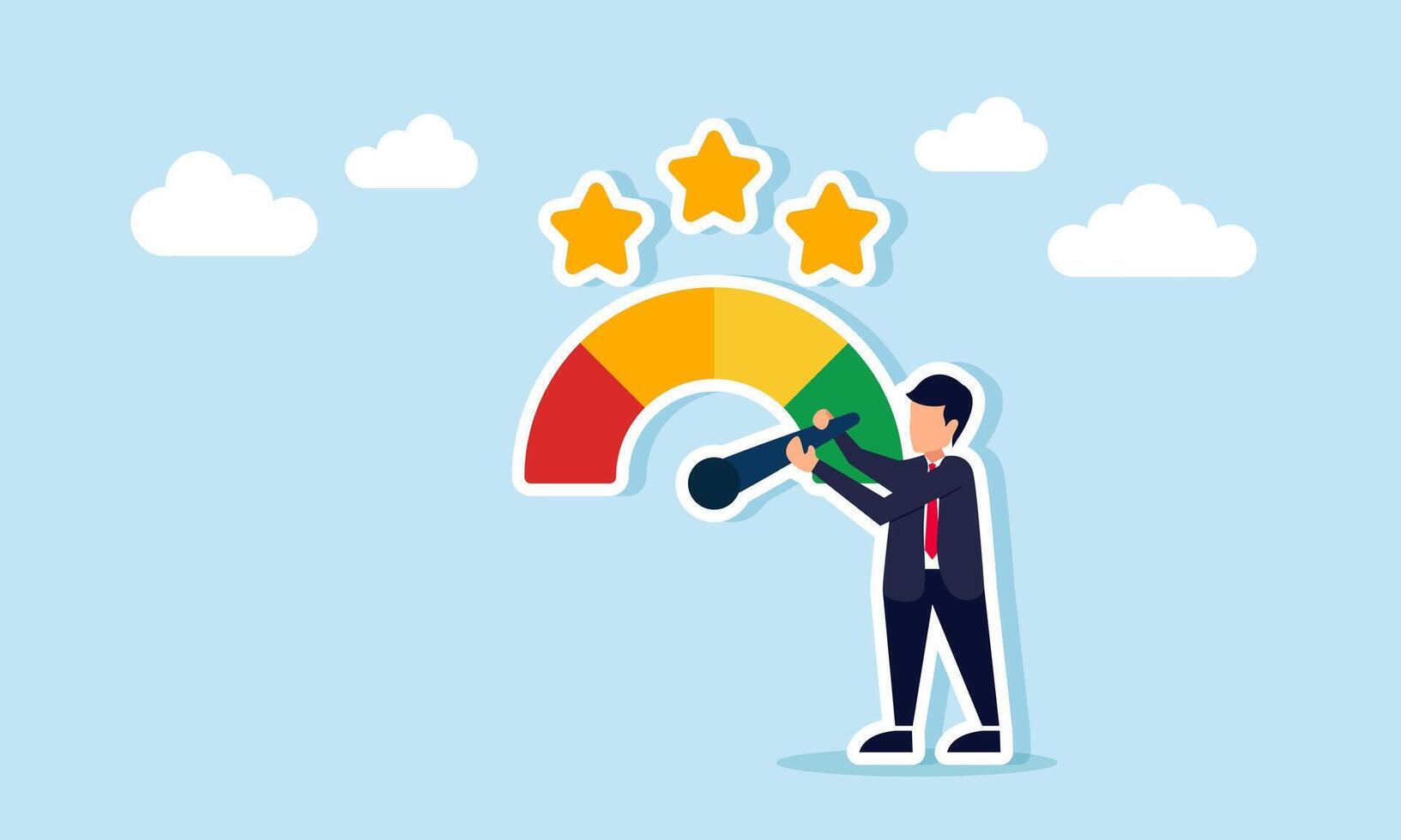 Businessman trying to move a quality indicator needle symbolized by a star, illustration of good evaluation related to product, service, and business performance vector