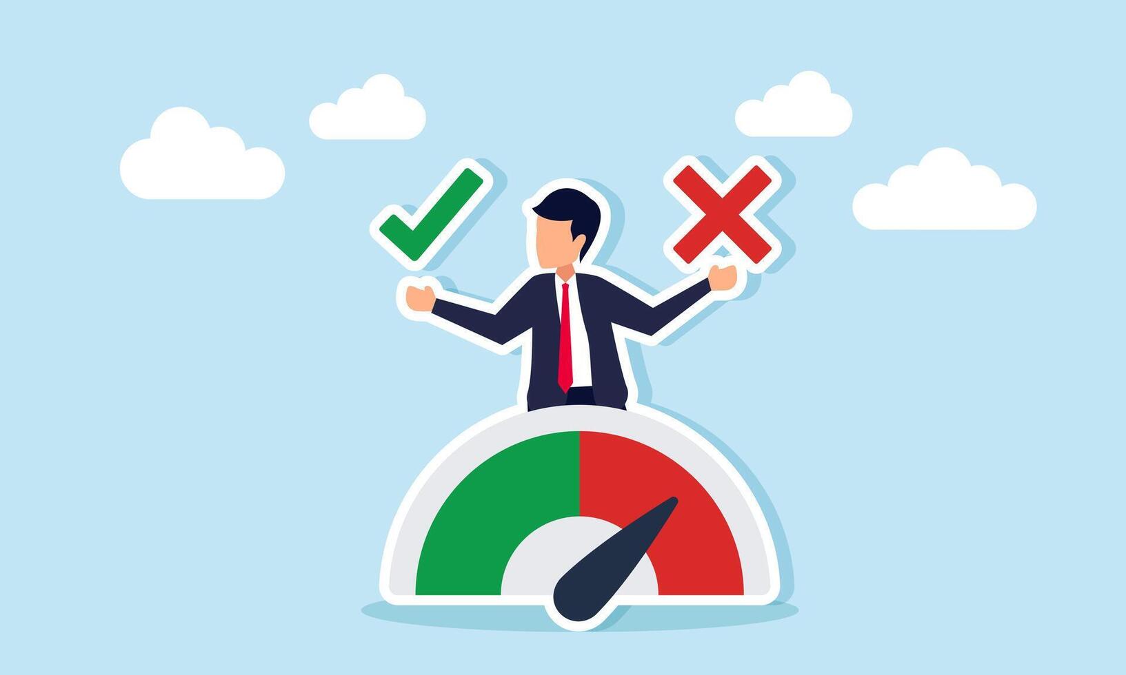 Businessman holding a checkmark and cross behind an indicator showing a cross, illustration of disagreement with business management decisions vector