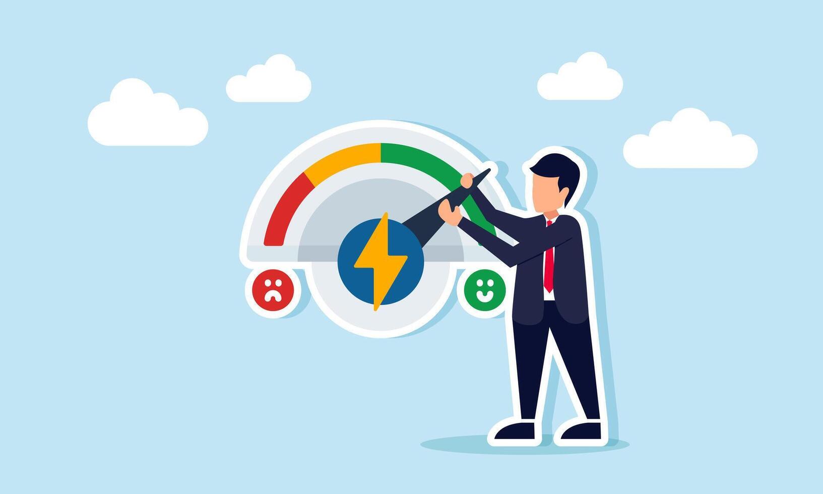 Businessman trying to move the satisfaction indicator needle marked with sad and happy emoticons toward the happy side, illustration of business performance satisfaction indicator vector