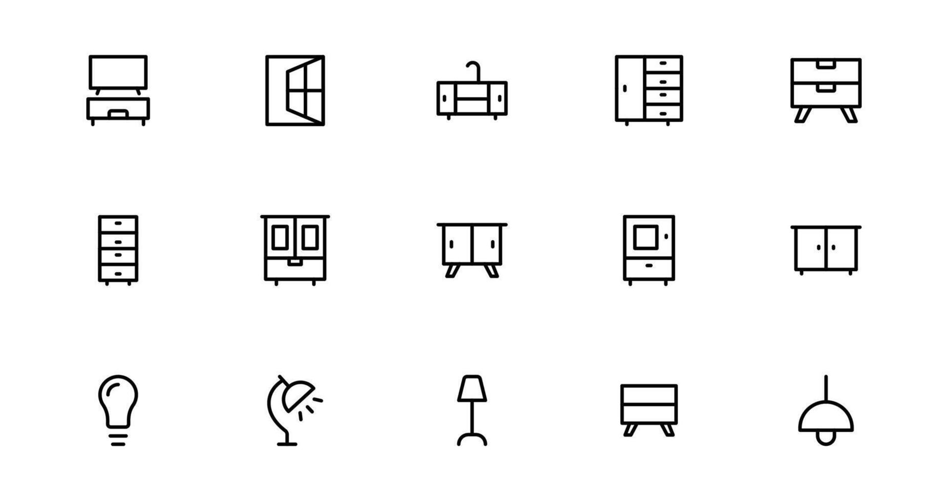 Pixel Perfect Furniture Icon Pack Bundle for Modern Design Projects. This Collection Features Chairs, Tables, and Stylish Home Decor Elements. vector
