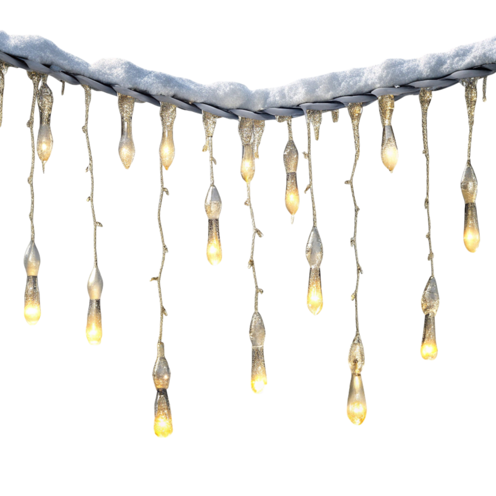 Warm white icicle lights with snow covered cable, creating a cozy winter ambiance png