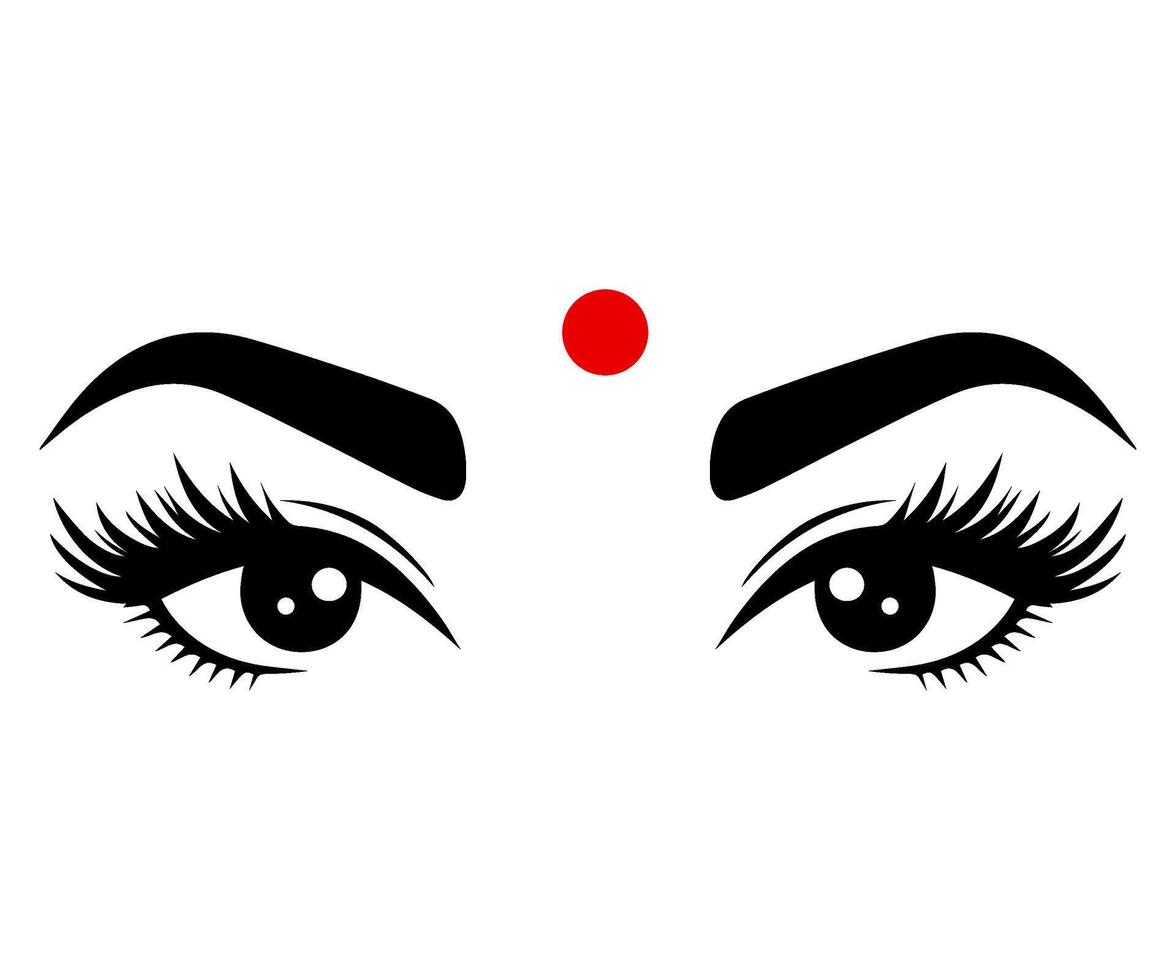 Bindi. Indian traditional red dot on the forehead. Eyes Indian girls with bindi. vector